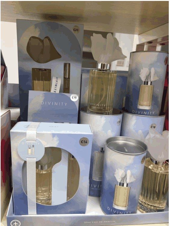 Fragrance gift sets on a retail shelf